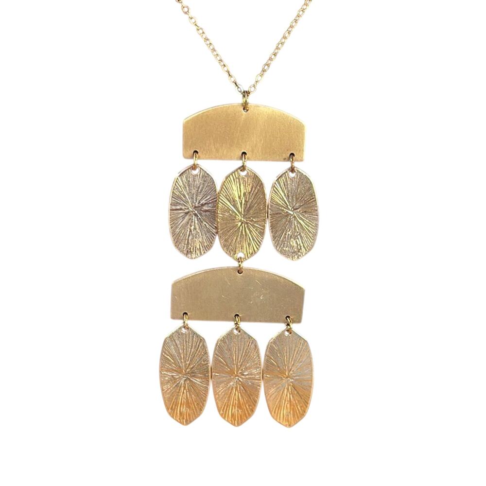 Gold Tone Geometric Statement Necklace Long 32” Fringe Disc Modern Boho